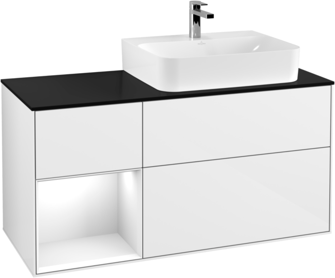 Villeroy und Boch Finion Waschtischunterschrank F142GFGF 120cm, Abdeckplatte Glass Black Matt, Regal links Glossy white lacquer, Glossy white lacquer
