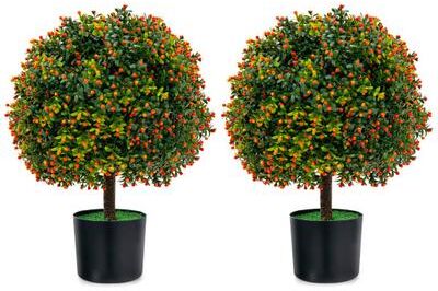 Costway 2-Pack Artificial Boxwood Topiary Ball Tree with Orange Fruit