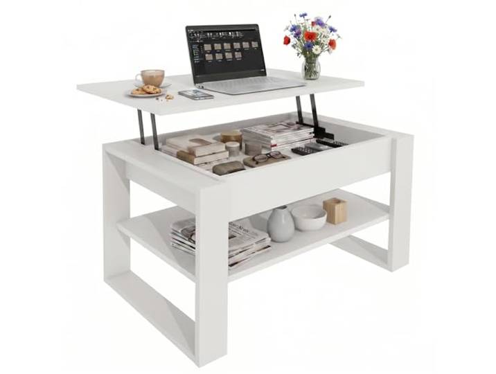 CraftPack Wohnzimmertisch 92 cm mit Liftfunktion und Stauraum Moderner Couchtisch Weiß/Weiß