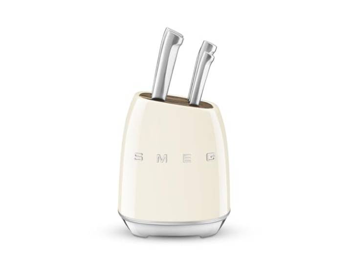 Smeg\, Bloc de Couteaux KBSF02CR\, 6 Couteaux Inclus en Acier Inoxydable\, Corps de Bloc en Acier Inoxydable et Fente pour Couteau en Bois d’Acacia\, Crème