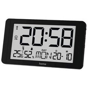 Hama Wanduhr Kuba, Kunststoff, digital, Funkuhr, 25 x 14 cm, schwarz, mit Thermometer & Datumsanzeige, lautlos