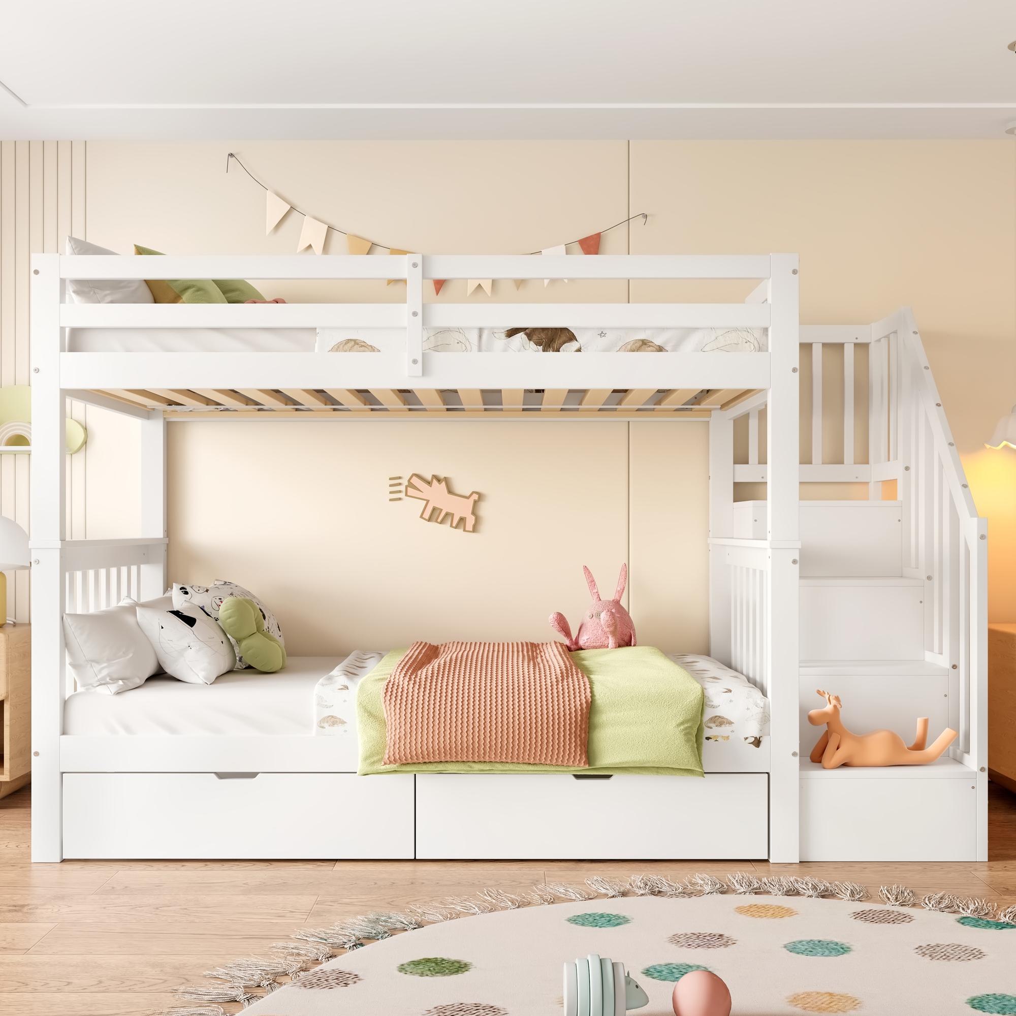 MODFU Etagenbett 90x200 mit 1*Matratze Kinderbett Stockbett Jugendbett mit 2 Schublade,mit Rausfallschutz,Weiß