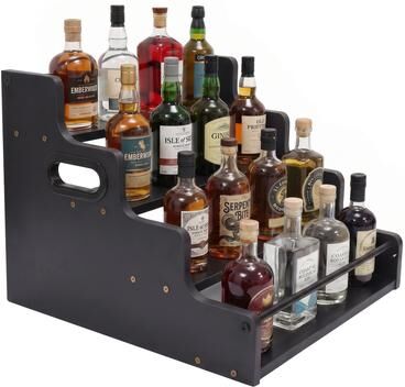 4-Tier Liquor Bottle Display Rack with Safety Rails Wooden Wine Organizer Shelf with Handles for Home Bar & Kitchen Counter
