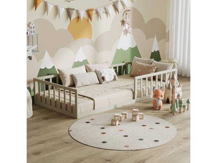 VitaliSpa Bodenbett Minno 90x200, Kinderbett aus Metall, Montessori Bett mit Rausfallschutz, niedrige Einstiegshöhe, Greige