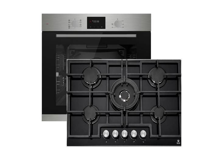 Böhme Elektro-Herd-Set Böhme Einbaubackofen HB60F78PPX+Gaskochfeld,75cm Schwarz 5Brennern WOK, mit 1-fach-Teleskopauszug
