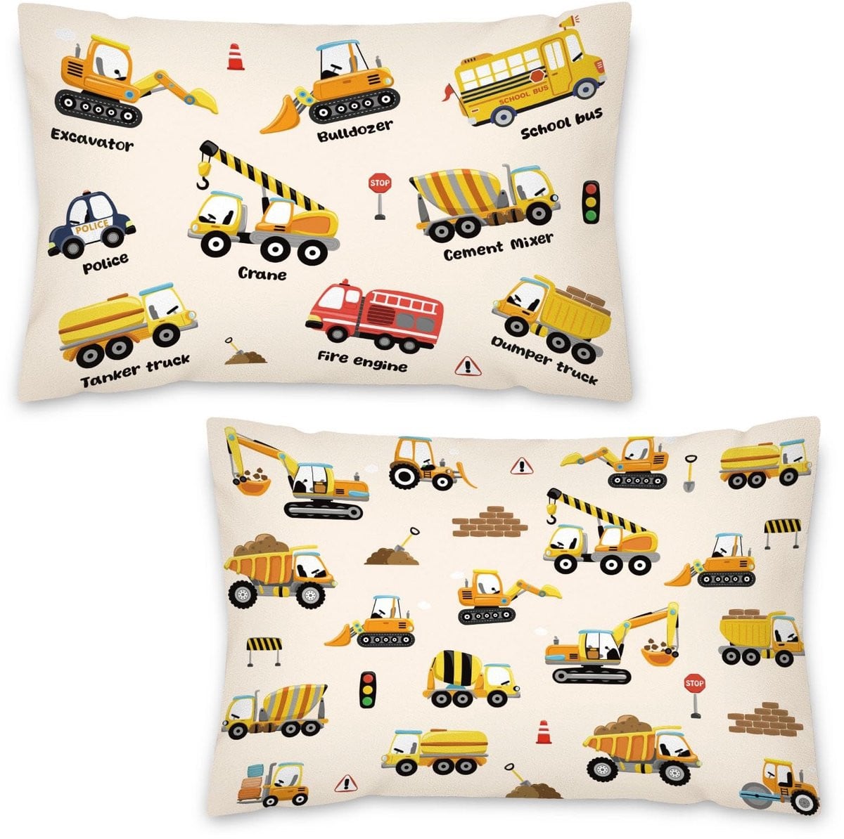 Dailygoods Kussenhoezen Set van 2 met Bouwvoertuigen - Fluweel - 45 x 33 cm
