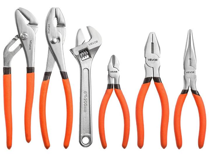 Ensemble de pinces et clés VEVOR\, ensemble universel de 6 pièces\, mâchoires en acier au carbone polies\, outils manuels pour bricoleurs et usage domestique : pince universelle\, pince coupante\, pince à bec plat\, pince à dénuder\, clés plates\, poignées ergonomiques