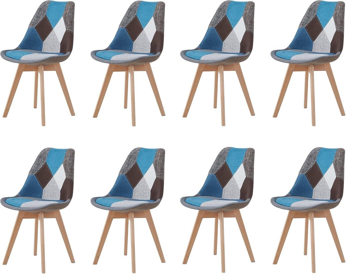 Set van 8 Patchwork Eetkamerstoelen in Scandinavische Stijl met Stoffen Zitcomfort