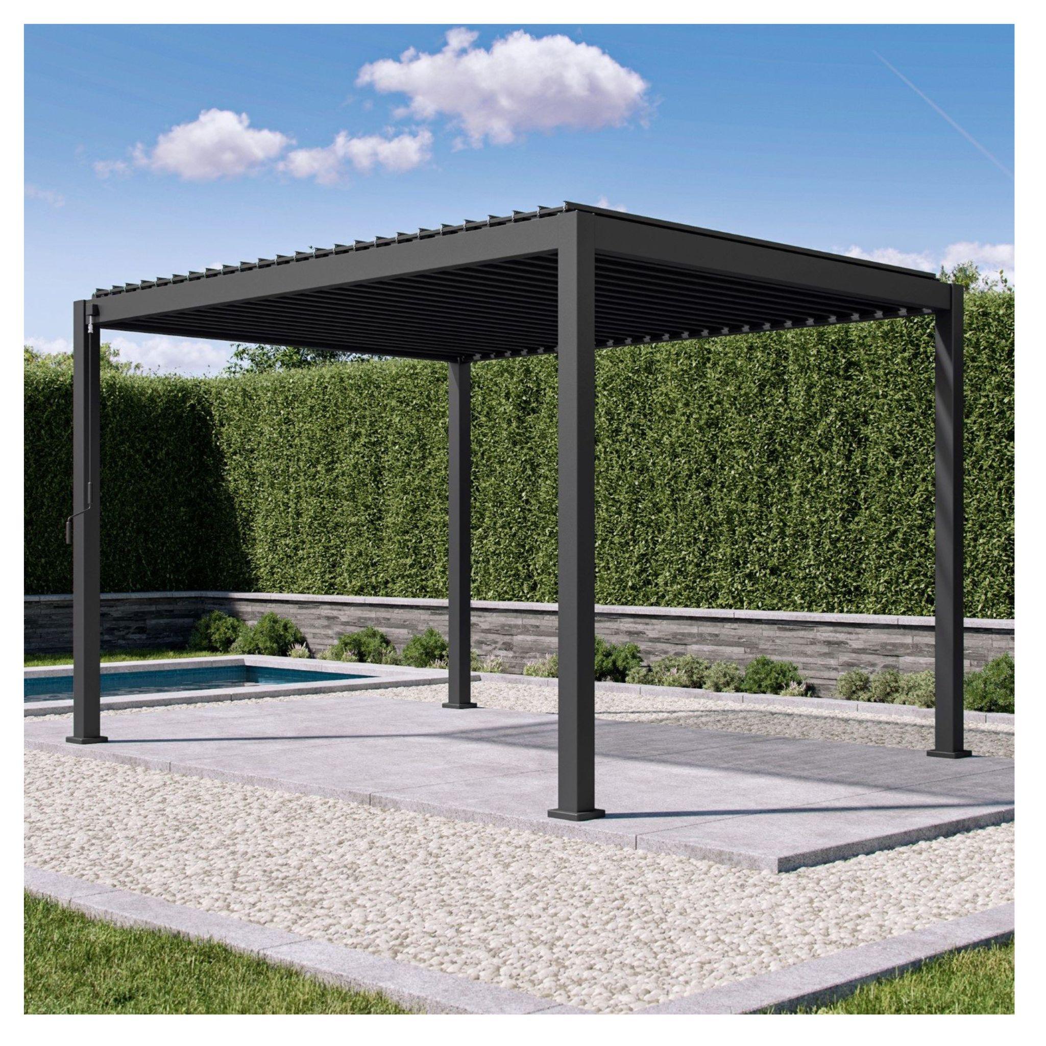 Mirador Pergola 111S 3x4m, Stahl-Lamellendach, Alu-Pfosten, Regenrinne, freistehend, winterfeste windfeste Garten Pavillon (Anthrazit)