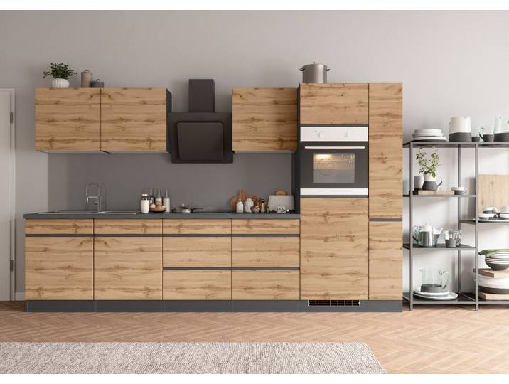 Küchenzeile KOCHSTATION KS-Riesa , braun (küche: natur, front: wotaneiche, korpus: grafitgrau, arbeitsplatte: betongrau), B:330cm H:200cm T:60cm, Komplettküchen-Sets, Küchenzeile, Stellbreite 330 cm, wahlweise mit Induktionskochfeld
