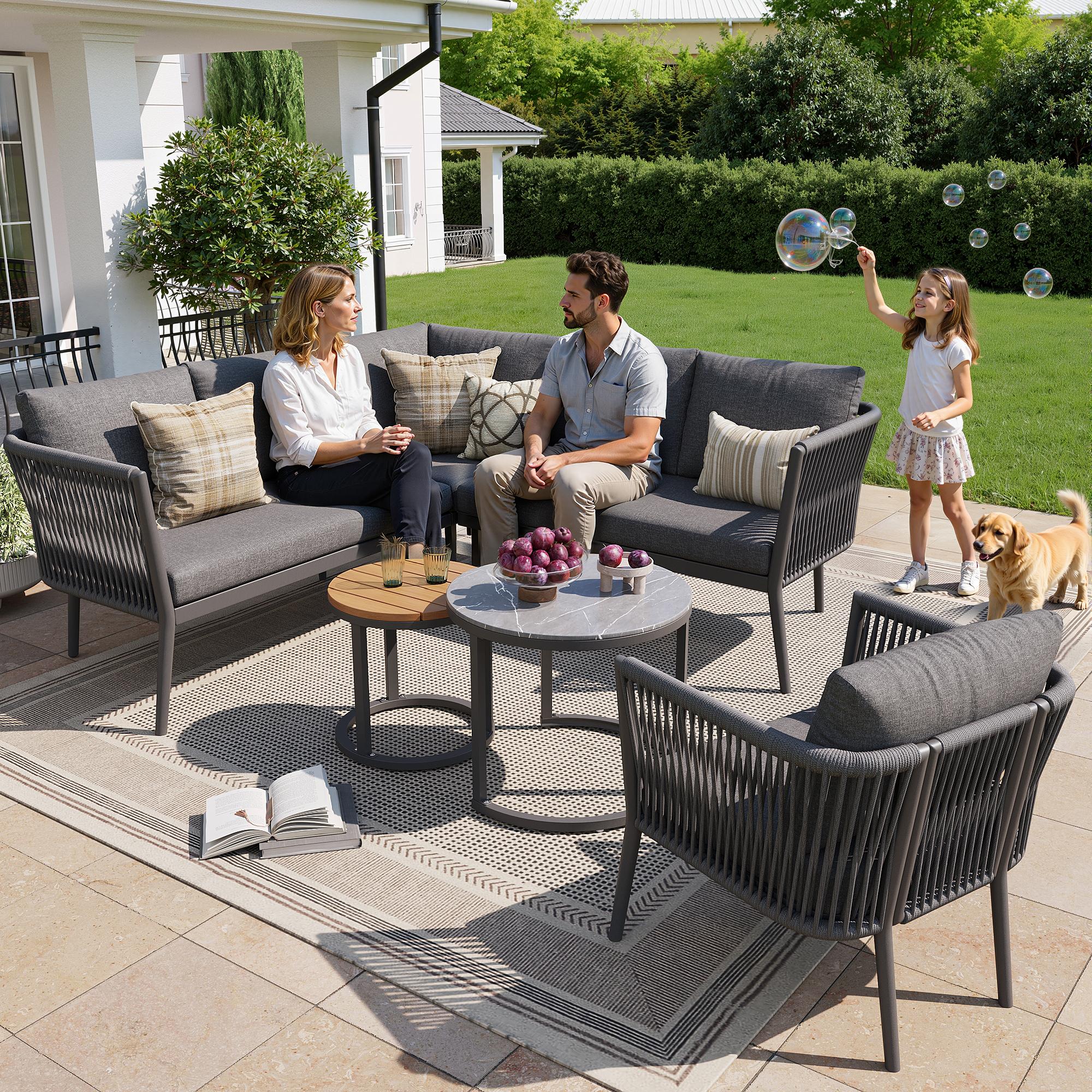 Gartenlounge Set 5-6 Personen wetterfest Modular Outdoor Sofa Set 6-teilig Seil Sitzgruppe mit dicken Kissen Ecksofa Lounge Set für Terrasse Balkon