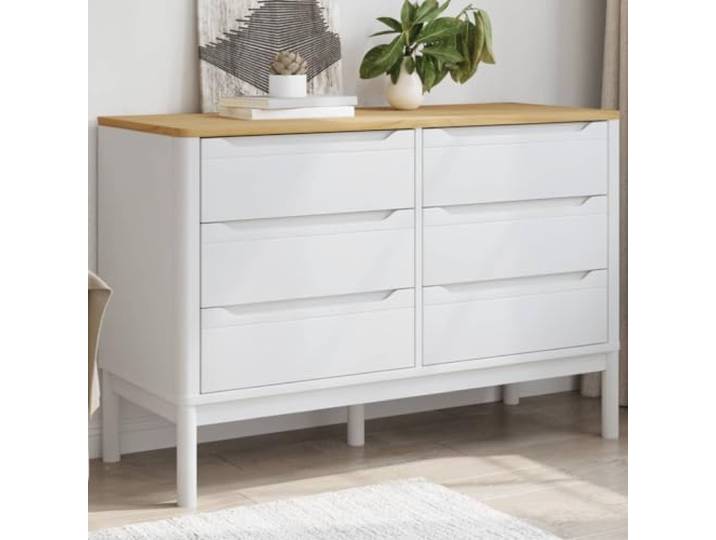 TUERYAFEK Kommode Floro Weiß Massivholz Kiefer mit 6 Schubladen Kiefern-Massivholz, 6 Schubladen, Holzbeine, zeitloses Design, rustikale Optik, Deko-Präsentationsfläche