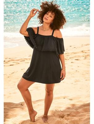 Plus Size Women's Laser-Cut Off-The-Shoulder Swim Dress by Swim 365 in Black (Size 14)