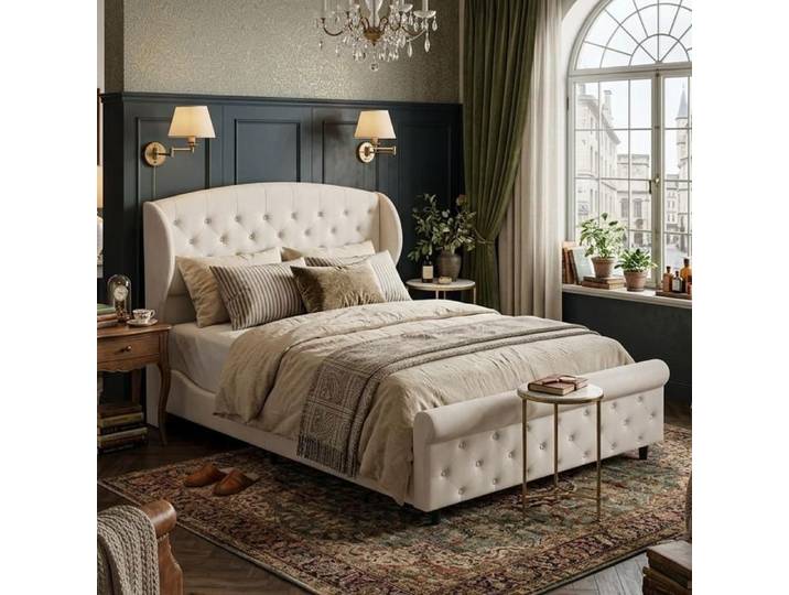 Lit Double Traîneau 140x200cm Blanc Crème - Style Classique Européen - Tissu Velours - Sommier Inclus - Pour Chambre Adulte