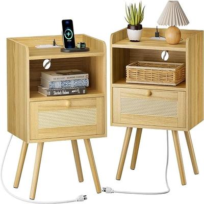 No Nightstands Set of 2 with PE Rattan Drawers