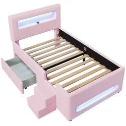 OKWISH Plattformbett MDF und PU Rosa 218x97x95 cm mit Schublade, Treppe, LED-Lichtleisten und USB