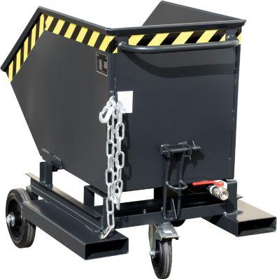 Späne-Kippbehälter Bauer SKW-ET 250, Stahl, schwarz, B 1115 x T 820 x H 1090 mm, 250 l, bis 300 kg, Rollen, manuelles Kippen, mit Einfahrttaschen