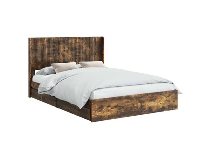 PUGYNBK Bettgestell mit Stauraum Eiche rauchfarben Robustes Holz, integriertes Kopfteil, modernes Design, Reinigung mit feuchtem Tuch