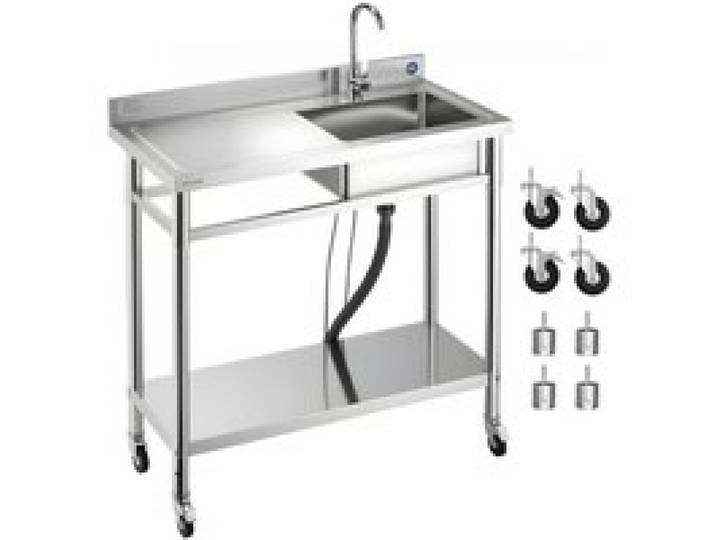 VEVOR Spültisch Spülbecken Edelstahl (1000 x 500 x 1055 mm), Einzelbecken mit Wasserhahn & Rädern, Küchenspüle für Garage Restaurant Wäscherei, Waschtisch Außenspüle mit Arbeitsplatte (links)