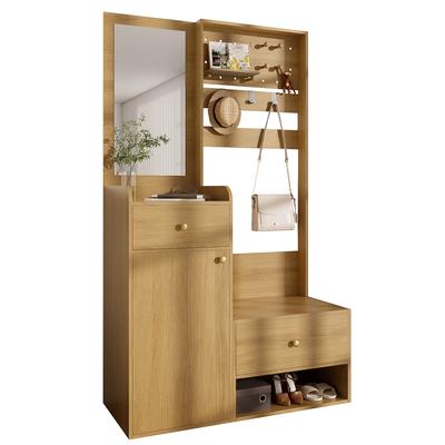 OKWISH Multifunktionaler Flurschrank mit Spiegel, 2 Schubladen, verstellbaren Haken, 105x38x180 cm, Holzfarben, Stauraum für Schuhe und Accessoires