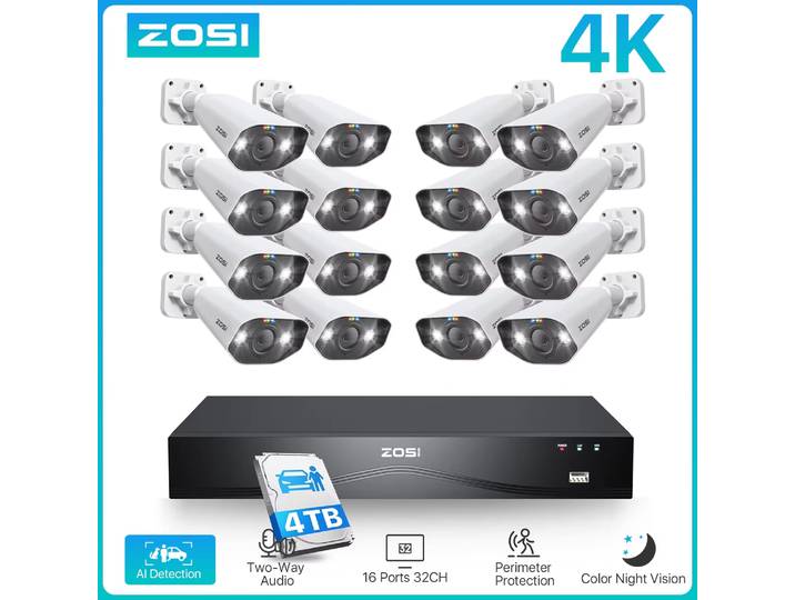ZOSI-Système de caméra de sécurité, caméras IP de surveillance, visage, hypothèque, poignées de véhicule, 4K PoE, 4 To, CCTV, NVR, disque pour touristes, 16 ports, 32CH, 8MP
