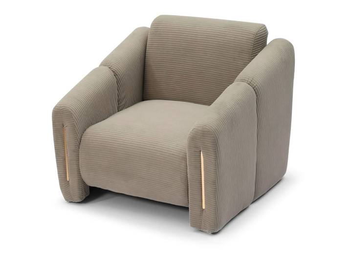 Fauteuil design métal doré et velours côtelé taupe