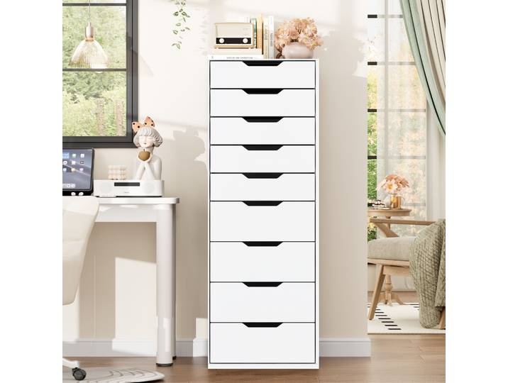 Getone Commode Chambre Adulte, Commode 9 Tiroirs, Chiffonnier, Meuble de Rangement pour Salon Chambre, Blanc/Noir, 45x40x124.5cm