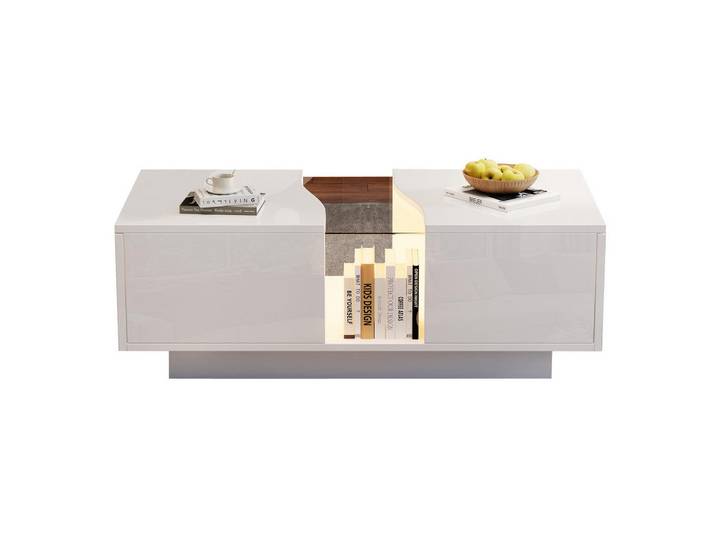 Modfu Couchtisch aus MDF 100x50x35 cm in Weiß mit LED-Beleuchtung & 2 Schubladen, 50x35x100 cm, Wohnzimmer, Wohnzimmertische, Couchtische
