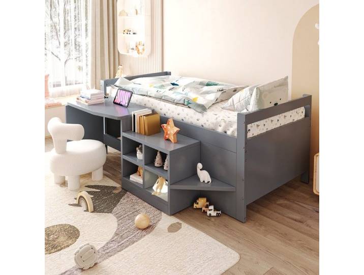 Lit enfant 90x200 cm simple avec rangement bureau et ports norme européenne en bois gris