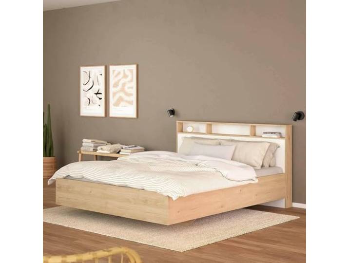 Dmora - Doppelbett Carissa, Struktur des Lagerbetts, Sommier mit Abdeckung, Bettrahmen aus Stoff, 206x150 h97 cm, Eiche und Weiß