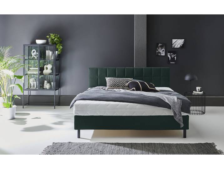 Boxbett Nikola , grün (dunkelgrün), B:162cm L:210cm, ATLANTIC HOME COLLECTION, Komplettbetten, Boxbett, Massivholzfüssen, mit / ohne Matratze, in H2 und H3 erhältlich