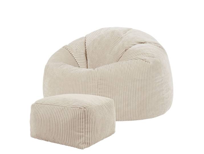 Pouf avec repose-pied carré velours côtelé beige galet