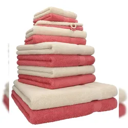 Betz 12-tlg. Handtuch-Set PREMIUM 100% Baumwolle 2 Duschtücher 4 Handtücher 2 Gästetücher 2 Seiftücher 2 Waschhandschuhe sand/himbeere