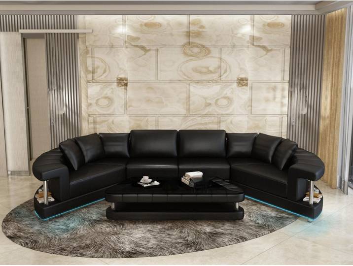 JVmoebel Wohnlandschaft Schwarzes Leder-Ecksofa mit Boxspring-Polsterung und Kopfkissen, Made in Europa