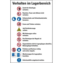 Schild I Hinweisschild Verhalten im Lagerbereich, Piktos ISO7010, Kunststoff, 200x300mm, DIN EN ISO 7010