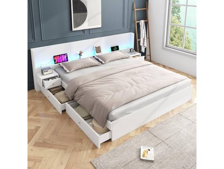 Merax Doppelbett 180x200cm, mit Nachttische und Schubladen, Holzbett mit LED-Beleuchtung und USB-Schnittstelle, für Jugend, Erwachsene, Weiß (Ohne Matratze)