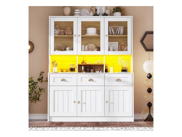 i@home Küchenbuffet Vitrinenschrank mit LED-Beleuchtung 140×40×175cm Weiß/Schwarz LED-Beleuchtung mit Farbwechsel, Kippsicherung, moderne Vitrinenoptik
