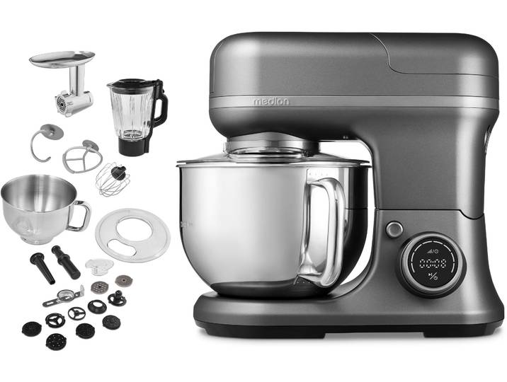 MEDION Küchenmaschine MD 18430, 8 Geschwindigkeitsstufen, Impulsfunktion, 5L Rührschüssel , grau (titan), B:44,2cm H:35,4cm T:23,7cm, Küchenmaschinen, Mit umfangreichem Zubehör-Set, Mixeraufsatz, Fleischwolf-Aufsatz, Küchenmaschine