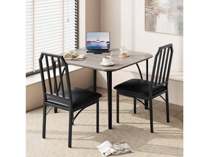 Garvee Esstisch mit 2 Stühlen, Esstisch Klein Grau, 74x74x76cm Kompaktes Esszimmerset für 2 Personen, kleiner tisch mit 2 stühlen, Modernes Design, Esstisch für Kleine Küchen, Essbereiche