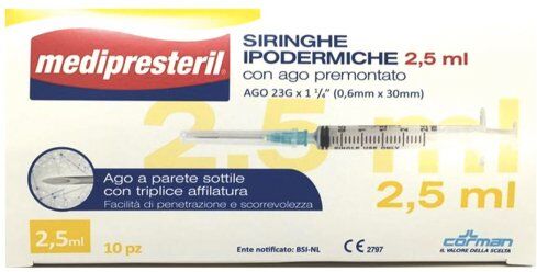 CORMAN SpA Medipresteril Siringhe Ipodermiche Ago Premontato 2.5ml - Confezione da 10 Pezzi