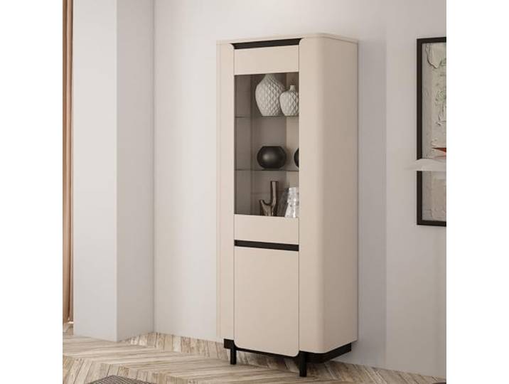 Forte VODOL Vitrinenschrank 70 80, Moderne Vitrine mit Glastür und abgerundetem Eckendesign, Holzwerkstoff, Kaschmir Beige, 75,6 cm breit x 196,3 cm hoch x 44,8 cm tief