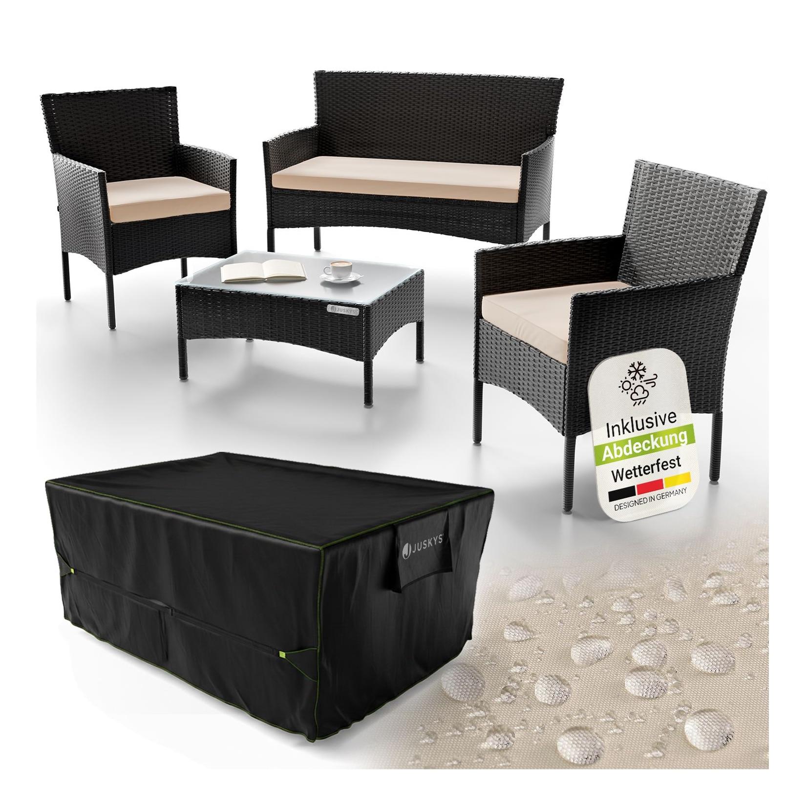 Juskys Polyrattan Gartenmöbel-Set Fort Myers schwarz mit Tisch, Sofa, 2 Stühle & Auflagen inkl. Abdeckung