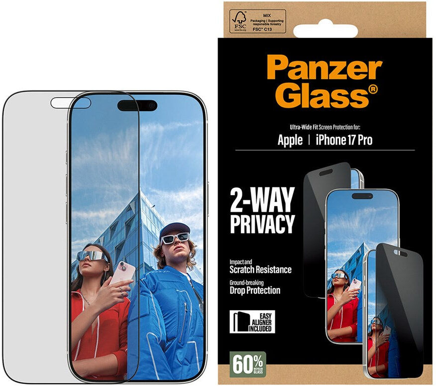 iPhone 17 Pro PanzerGlass 2-Way Privacy Skærmbeskyttelsesglas - Ultra-Wide Fit - Gennemsigtig