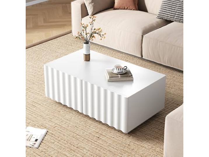 Merax Couchtisch 100x50x40cm, mit Wellenmuster & 2 Schubladen, moderner minimalistischer Wohnzimmertisch mit Stauraum, MDF+PB-Konstruktion, vielseitige Tischplatte, Weiß