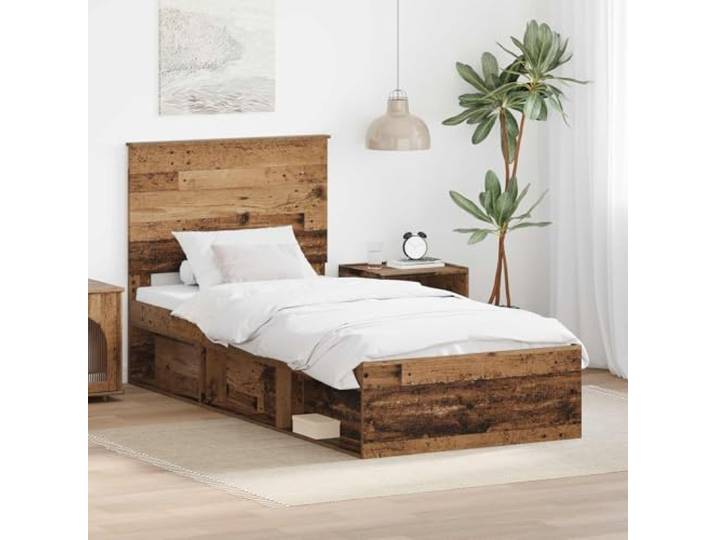 Massivholz Kiefer Modernes Design Bettgestell 100x200 cm Braun Bettrahmen Altholz 100x200 cm Massives Kiefernholz mit Kopfteil Lattenrost Stabil Modern