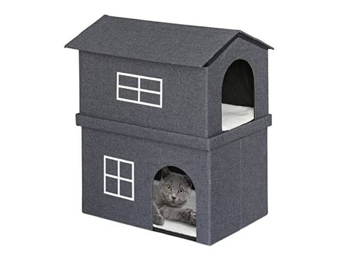 Relaxdays Maison pour Chat en Tissu\, abri avec 2 Portes\, HxLxP : 71\,5x62\,5x44 cm\, Niche Chatons et Chats\, Gris foncé