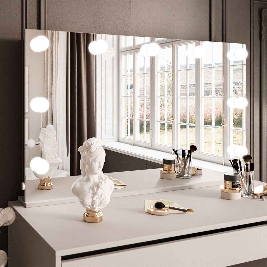 Ebern Designs Rouven Dressing Table with Mirror Beige;Cashmere 142cm H X 120cm W X 55cm D