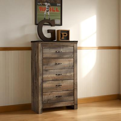 Benjara Zoey Tall Dresser Chest, 5 Storage Drawers, Rustic Brown Plank Details