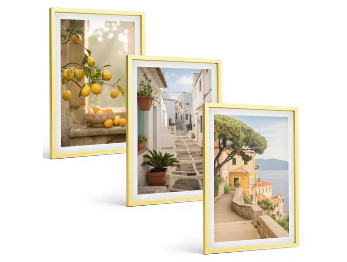Tulup Bilder SET 3er Set - 40x60 cm Goldrahmen - Blick aus dem Fenster auf einen Zitrusbaum, Goldfarben, Kunststoff, Rechteckig, 40x60 cm, gerahmt, Bilder & Rahmen, Bilder