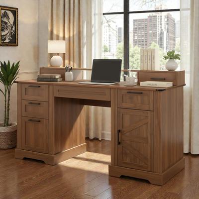 Fundinbaths 59 Inch Farmhouse Office Desk with Charging Station, Barn Door Desk with File Drawer Monitor Stand and Keyboard Tray